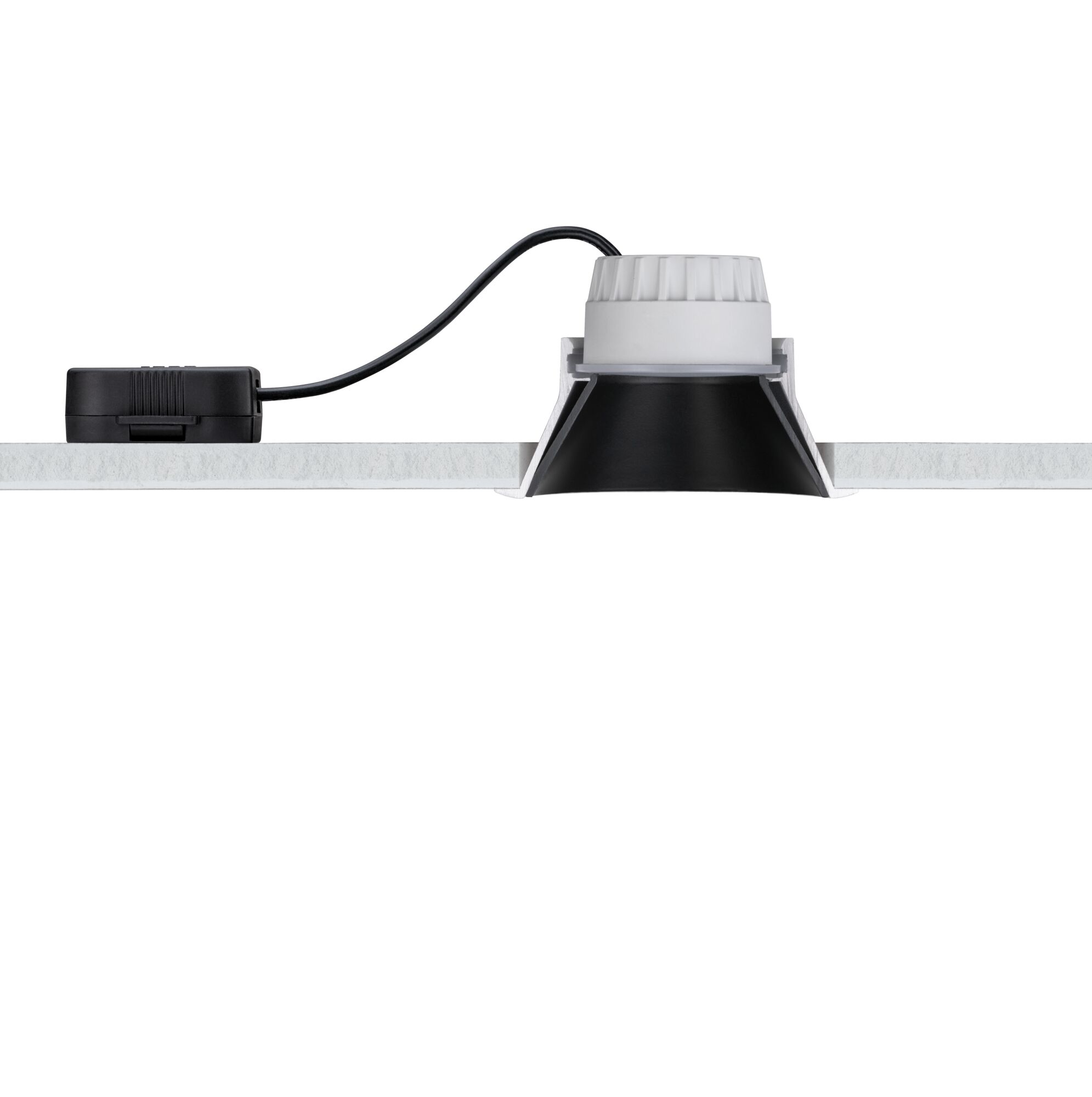Black and white LED downlight installed in white ceiling with cable and driver for modern lighting solutions