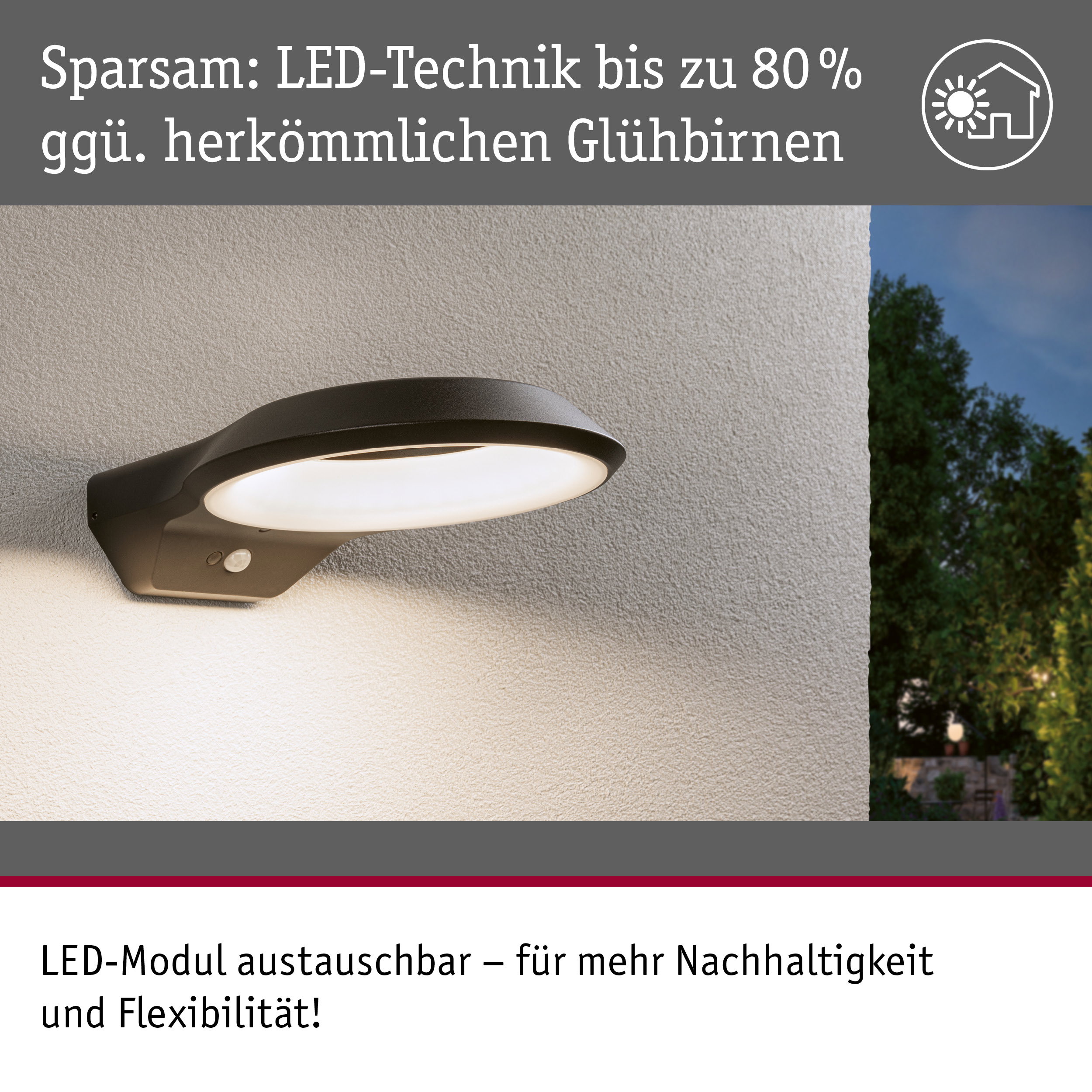 Schwarze LED-Außenwandleuchte mit energiesparender Technik und austauschbarem Modul für nachhaltige Beleuchtung