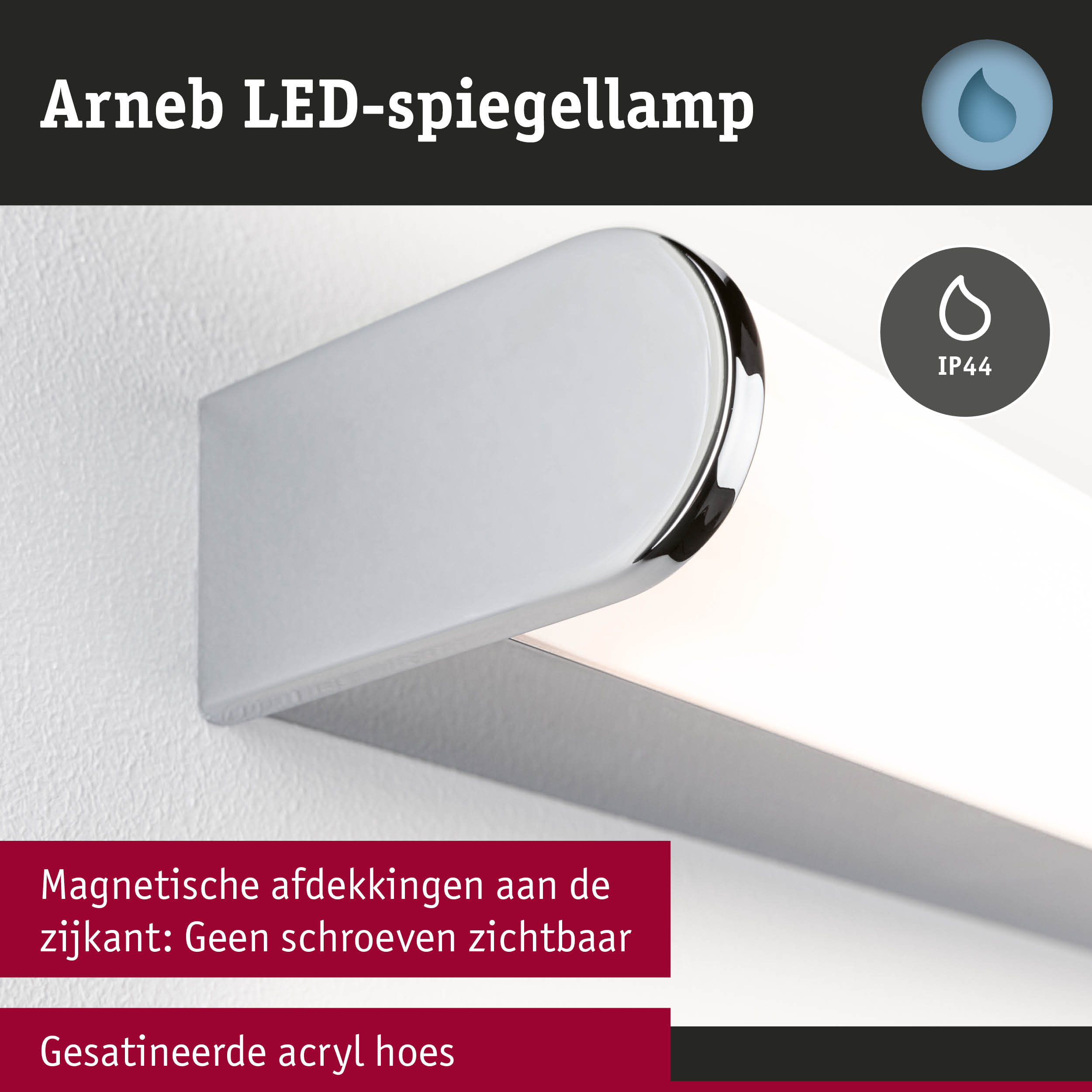 Arneb LED-spiegellamp met magnetische afdekking en gesatineerde acryl in zilver voor badkamerverlichting
