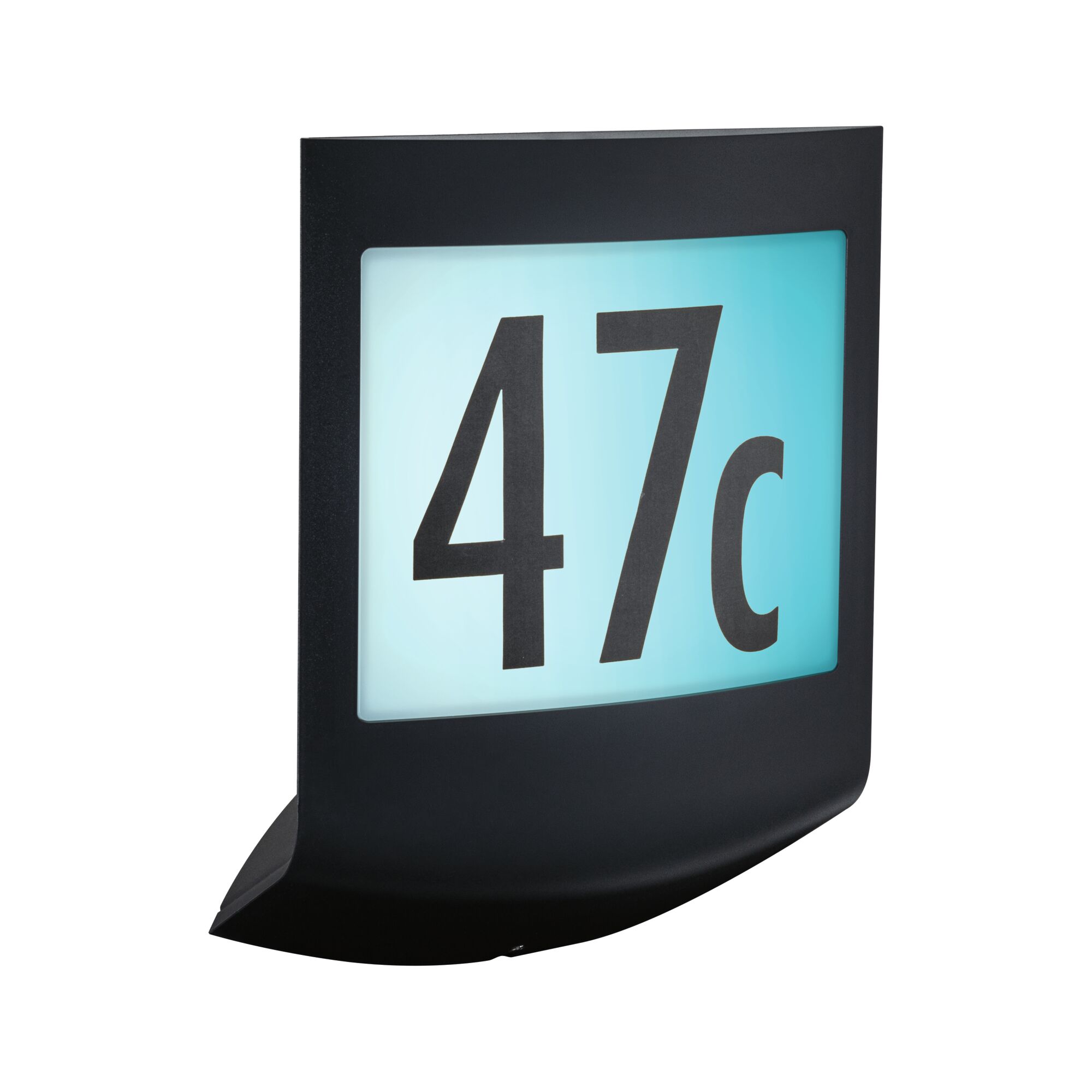 Black LED house number sign with illuminated light blue background and black digits 47c