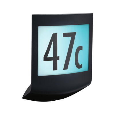 Black LED house number sign with illuminated light blue background and black digits 47c