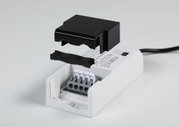 White electrical connector box with removable black cover and four terminals for LED lighting installation