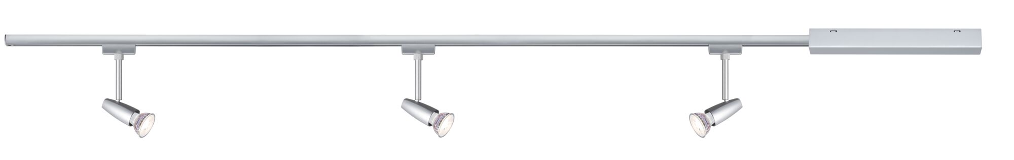 Three silver LED spotlights on straight metal track system for flexible room lighting