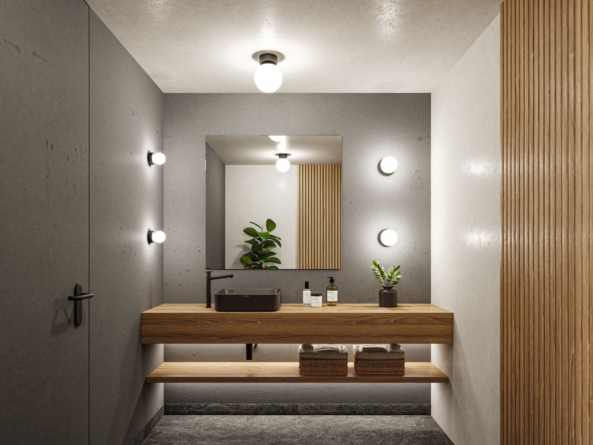 Moderne badkamer met houten wastafel, zwarte wasbak en ronde wandlampen in grijs en houtlook