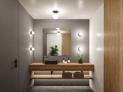 Modern bathroom with wooden vanity, black sink, and round wall lights in grey and wood design