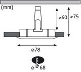 Technische tekening van inbouwverlichtingssysteem met afmetingen 78 mm diameter en inbouwdiepte boven 60 mm