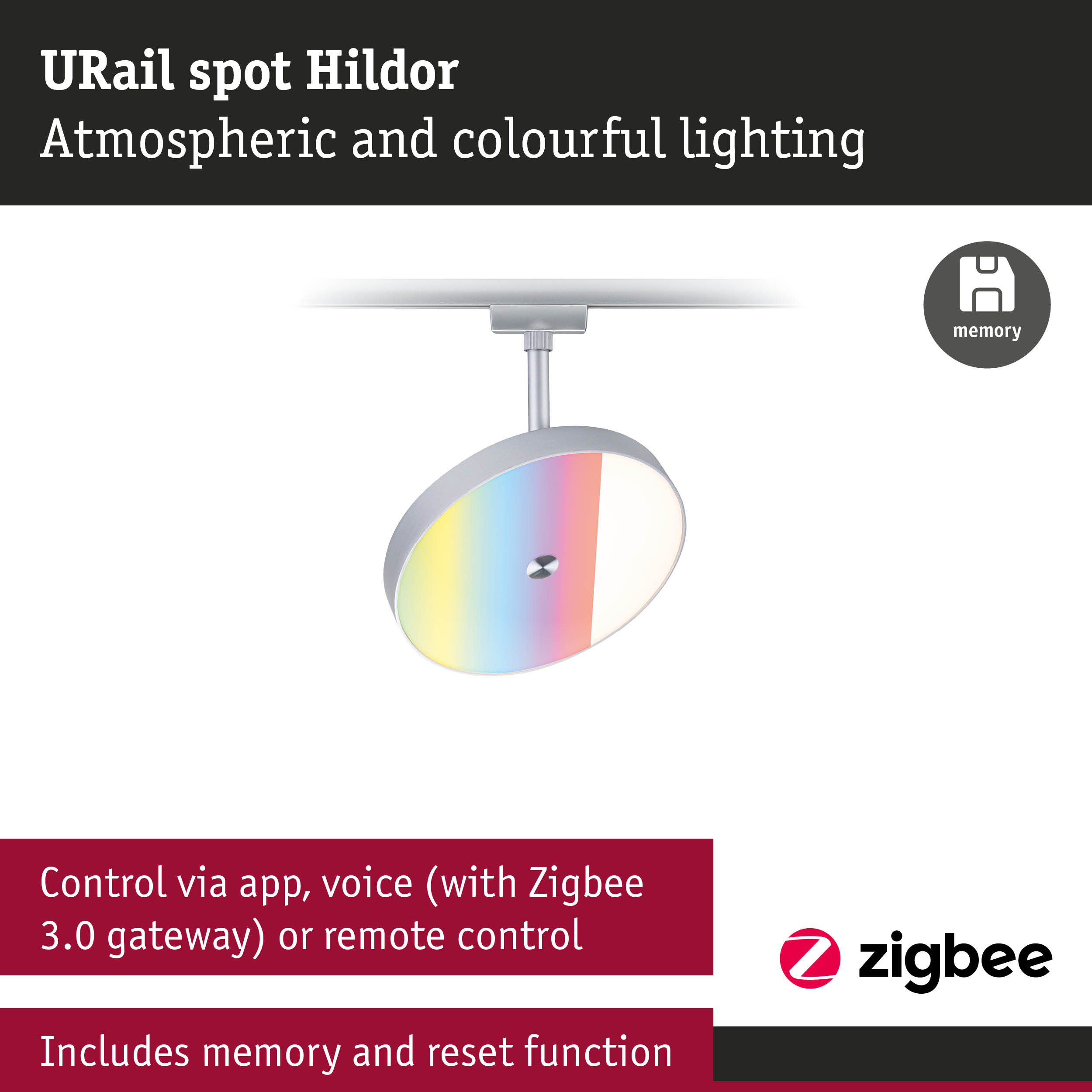 URail Spot Hildor silver ceiling spotlight with colorful LED lighting and Zigbee control