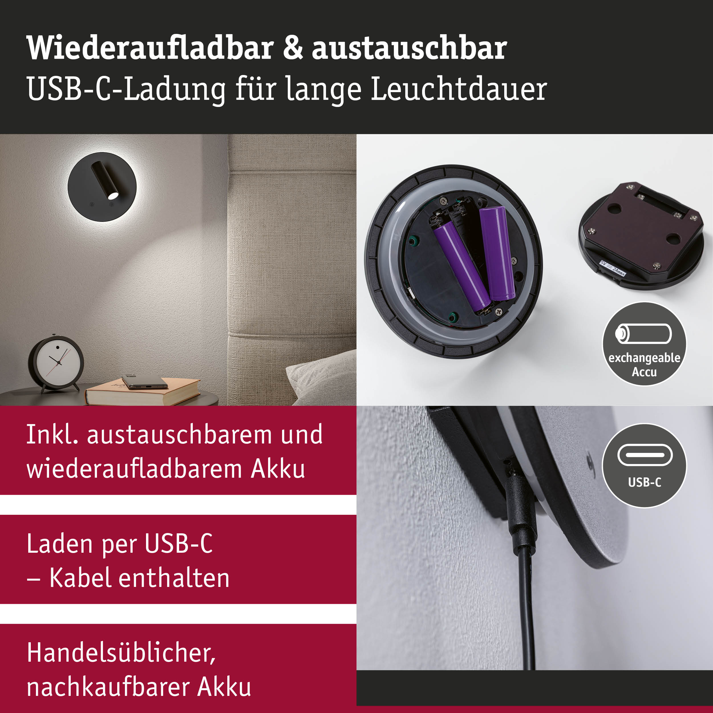 Wiederaufladbare schwarze Wandlampe mit austauschbarem Akku und USB-C-Ladekabel für lange Leuchtdauer