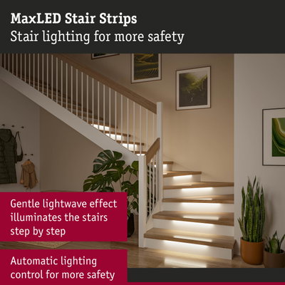 MaxLED stair lighting with gentle lightwave effect enhances safety on wooden stairs indoors