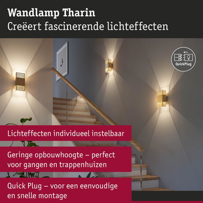 Wandlamp Tharin van goudkleurig metaal met instelbare lichteffecten voor gangen en trappen