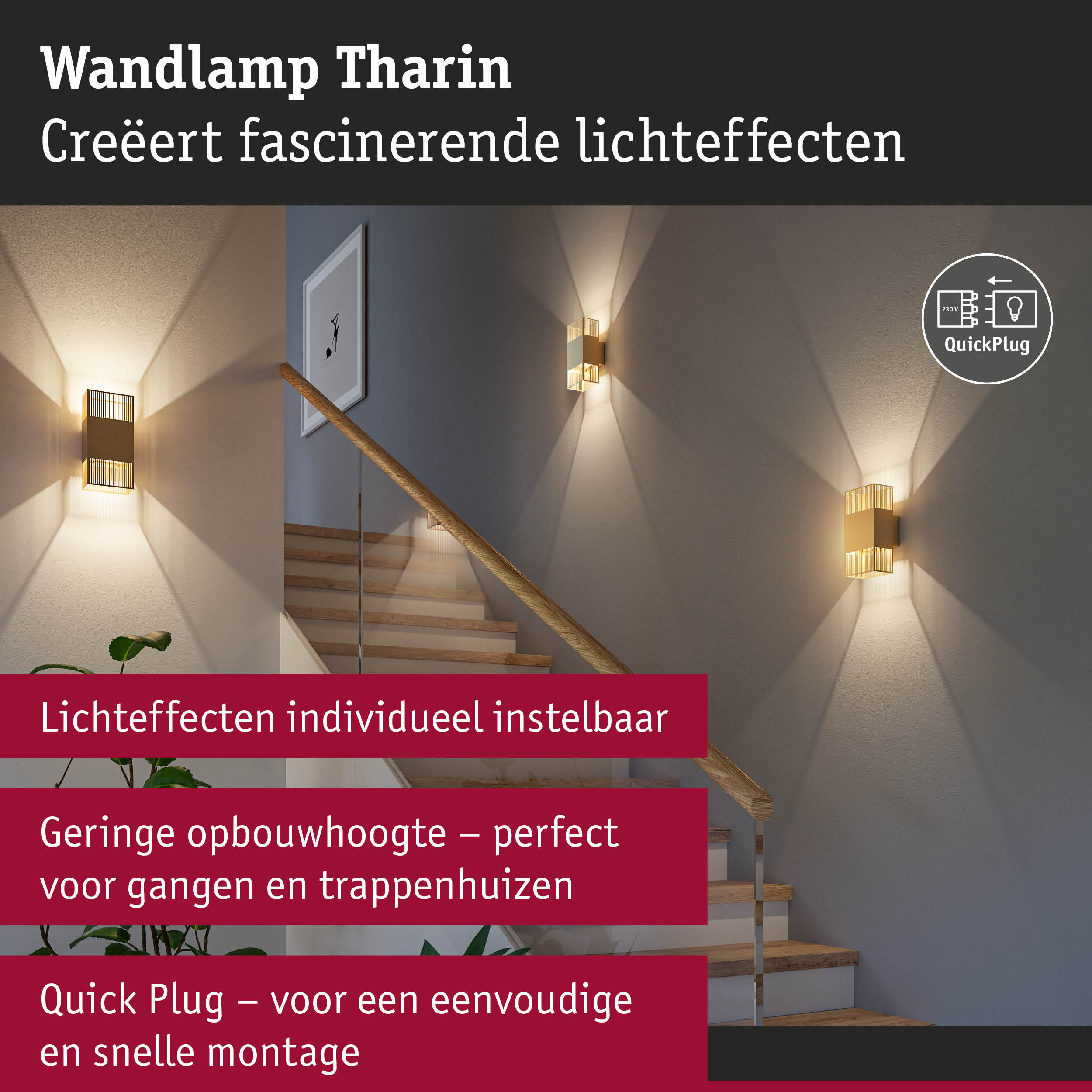 Wandlamp Tharin van goudkleurig metaal met instelbare lichteffecten, geschikt voor gangen en trappenhuizen