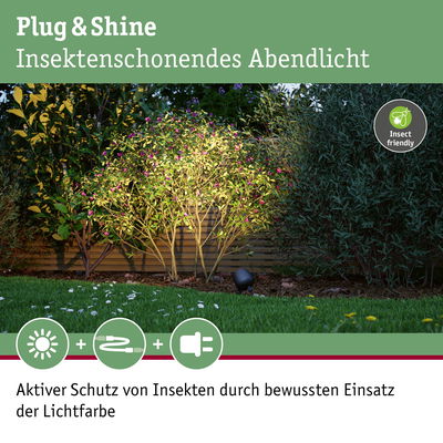 Plug & Shine Gartenstrahler mit insektenfreundlichem Abendlicht beleuchtet grüne Büsche im Garten