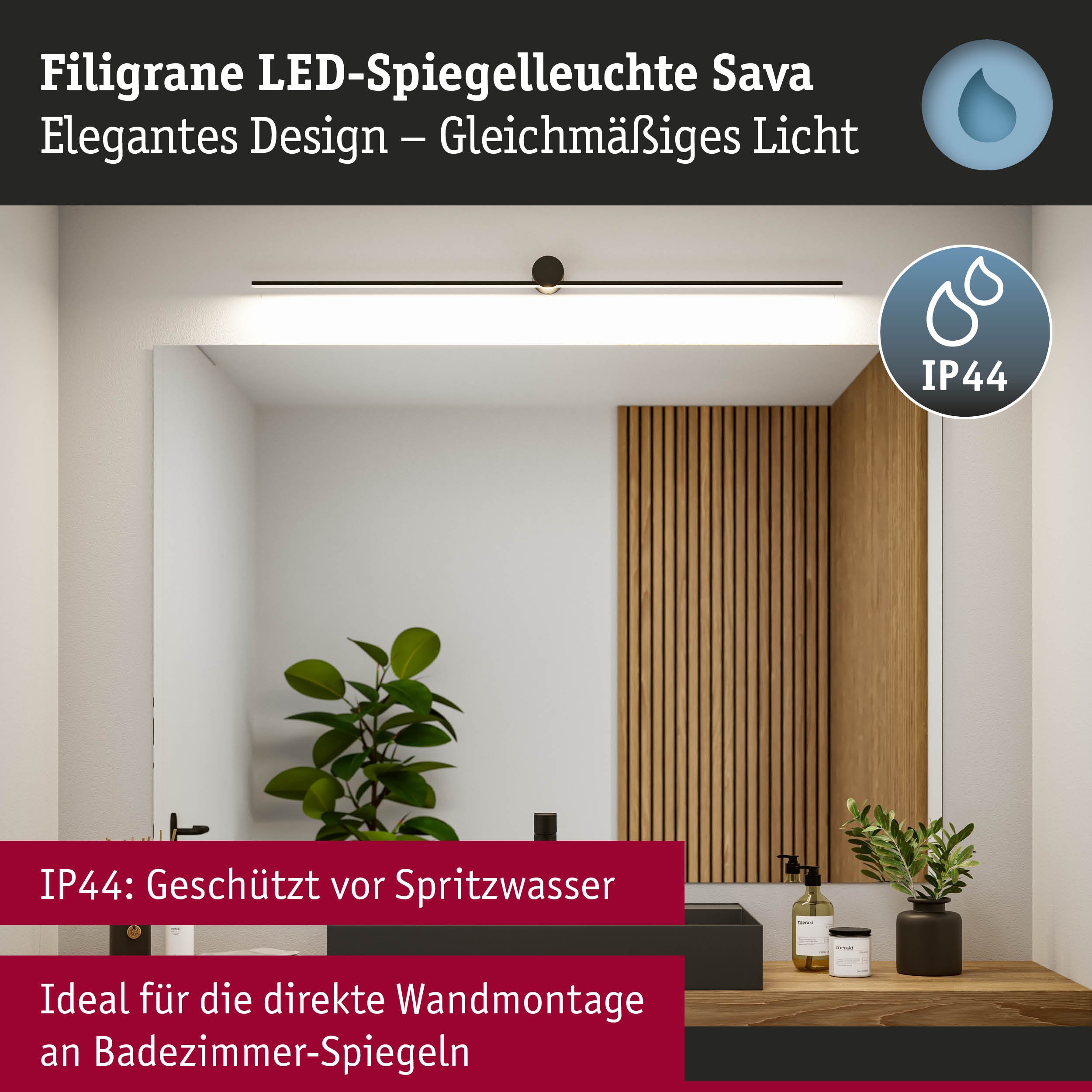 Filigrane LED-Spiegelleuchte Sava in Schwarz mit IP44 Schutz für Badezimmer-Spiegelbeleuchtung