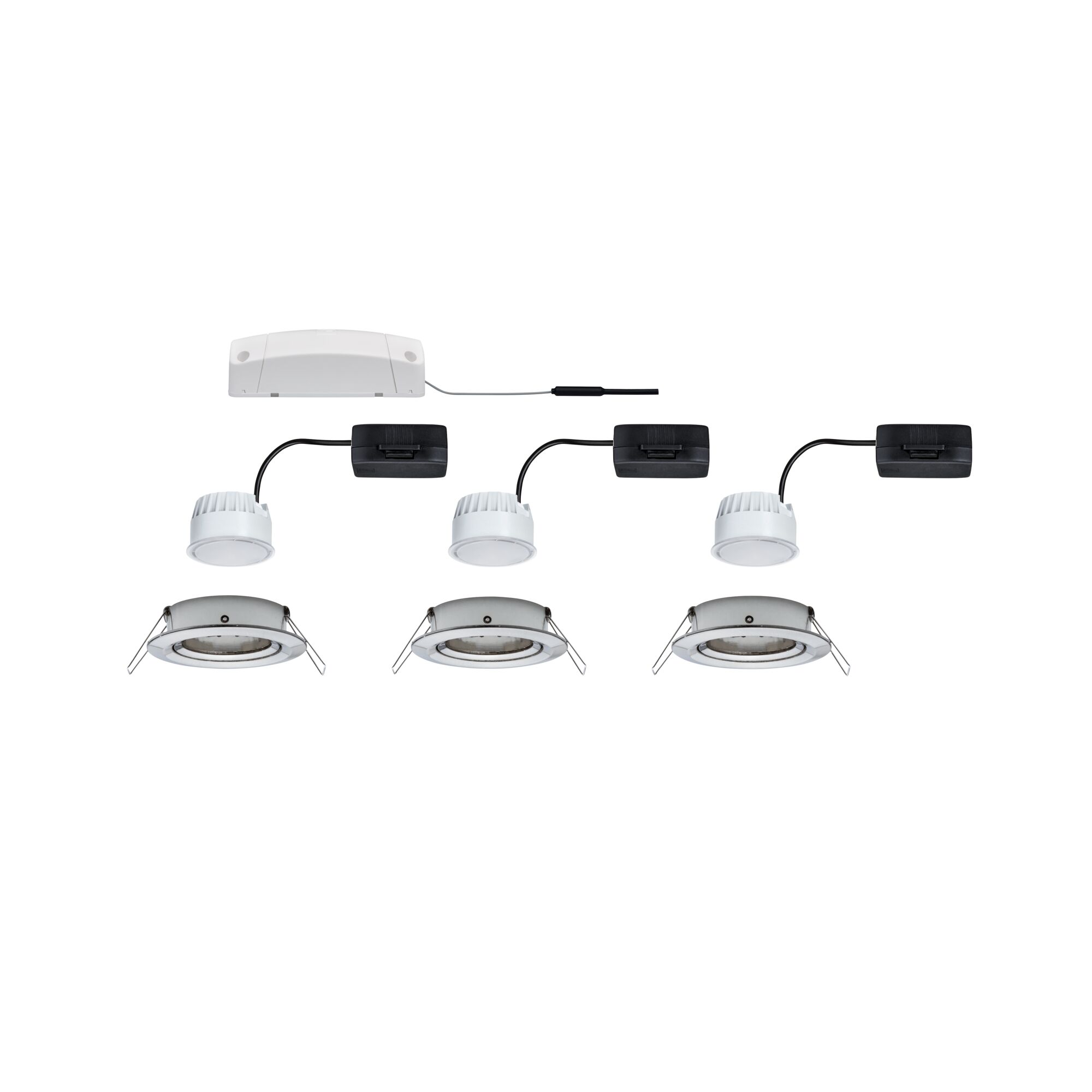 Trois spots encastrés LED blancs avec drivers noirs et boîtier de connexion blanc pour éclairage moderne