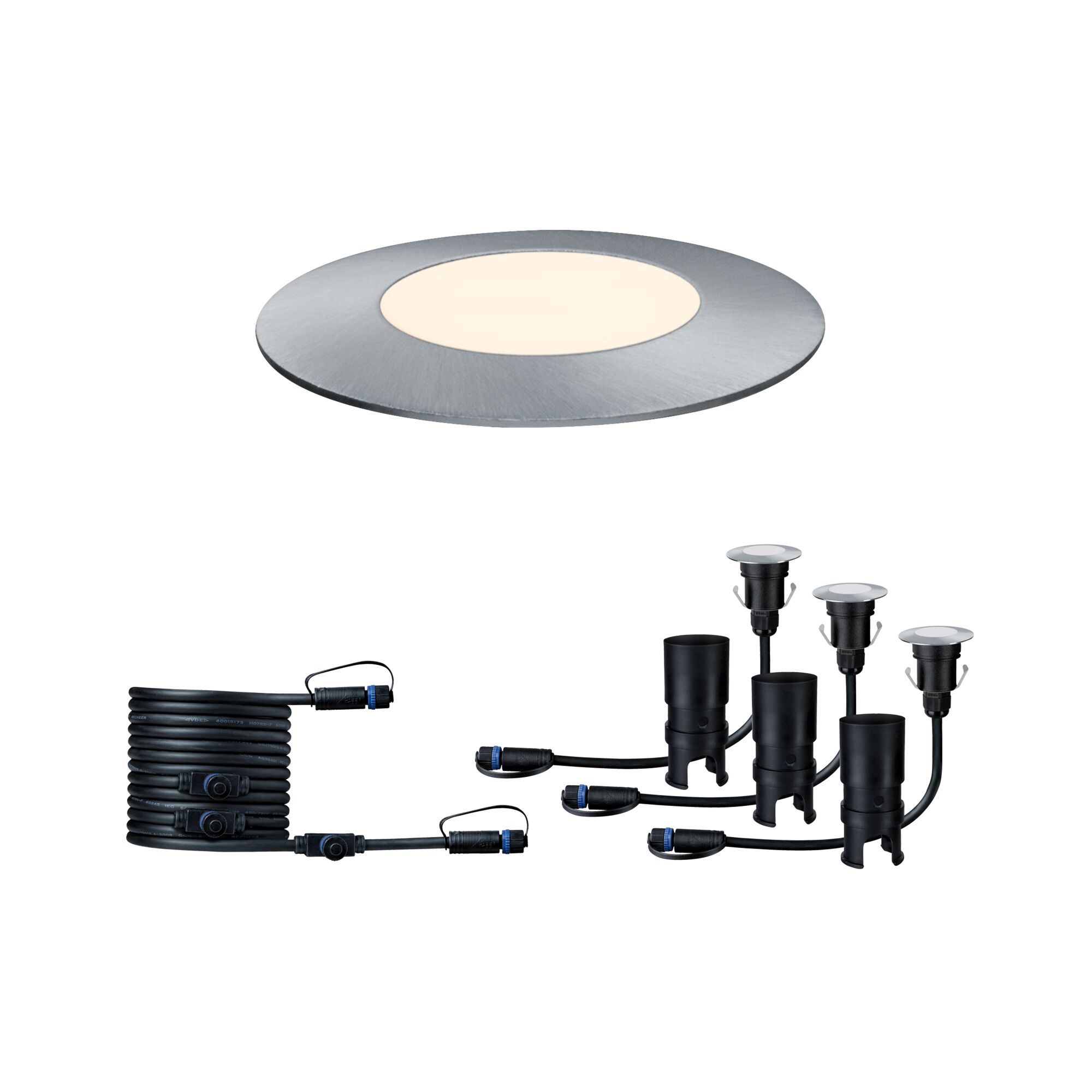 Plug & Shine LED-grondinbouwlamp Floor Mini Uitbreidingsset IP67 3000K 3x2,5W Zilver Ronde zilveren aluminium LED inbouwvloerlichtset met kabels en connectoren voor buitenverlichting