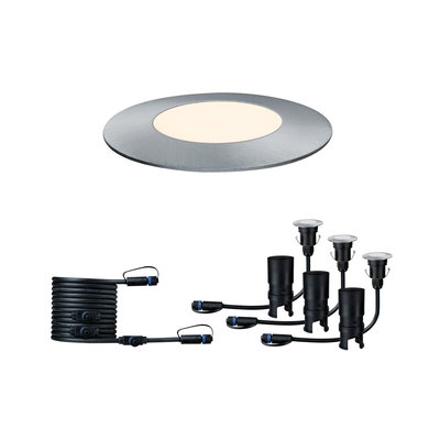 Round silver aluminum LED recessed floor light set with cables and connectors for outdoor lighting
