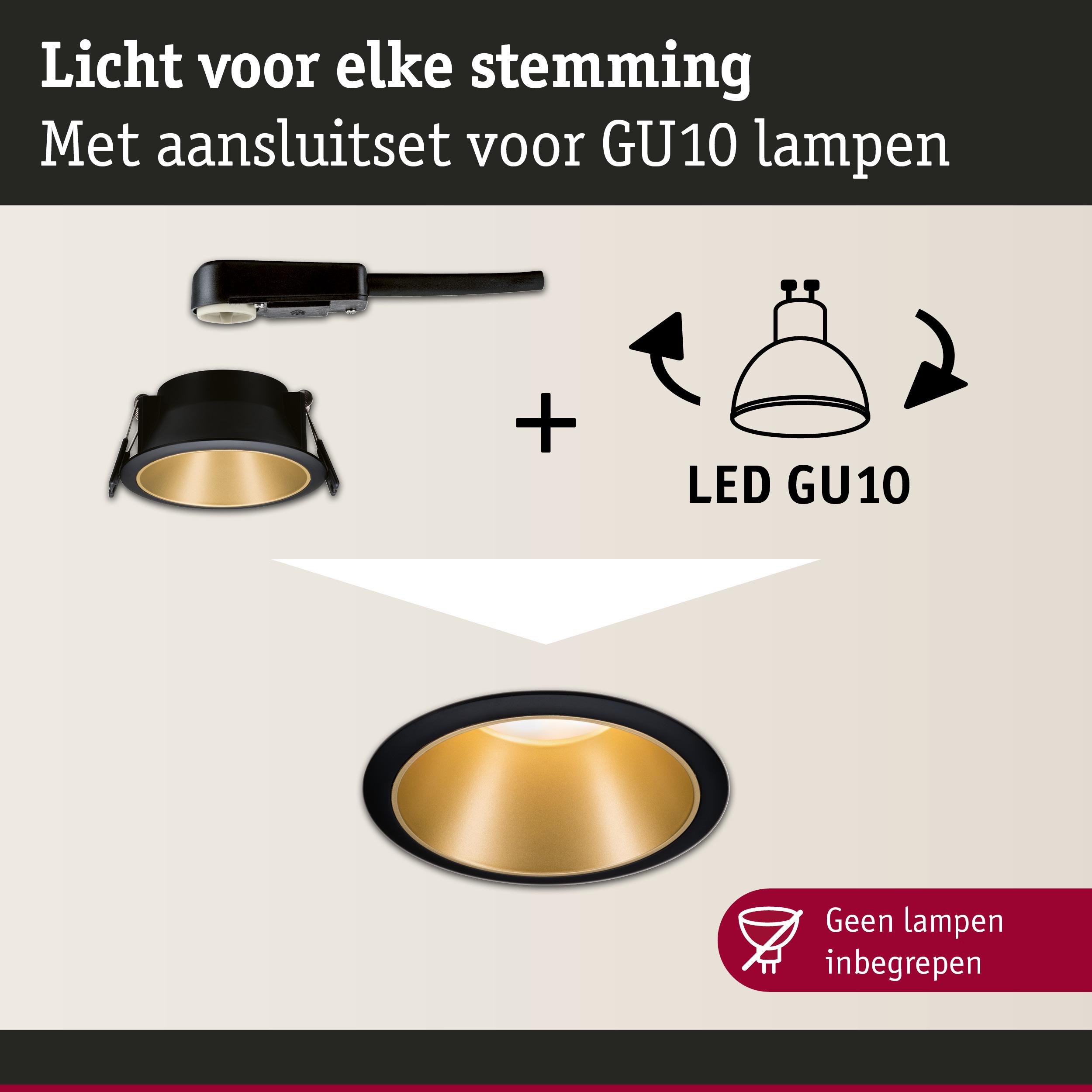 Zwarte inbouwspot met gouden binnenring en aansluitset voor LED GU10 lampen zonder lampen