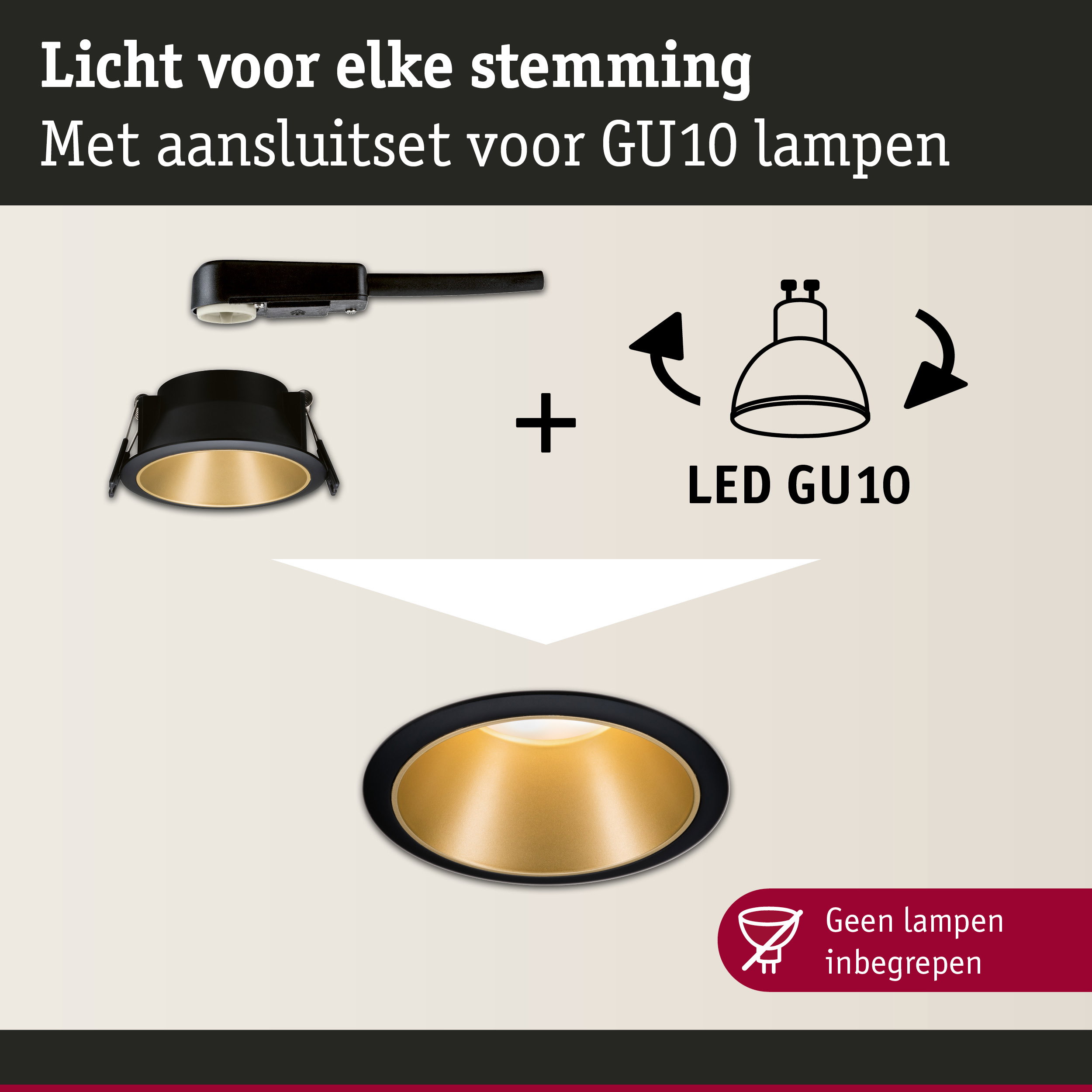 Zwarte inbouwspot met gouden binnenkant en aansluitset voor GU10 LED-lampen