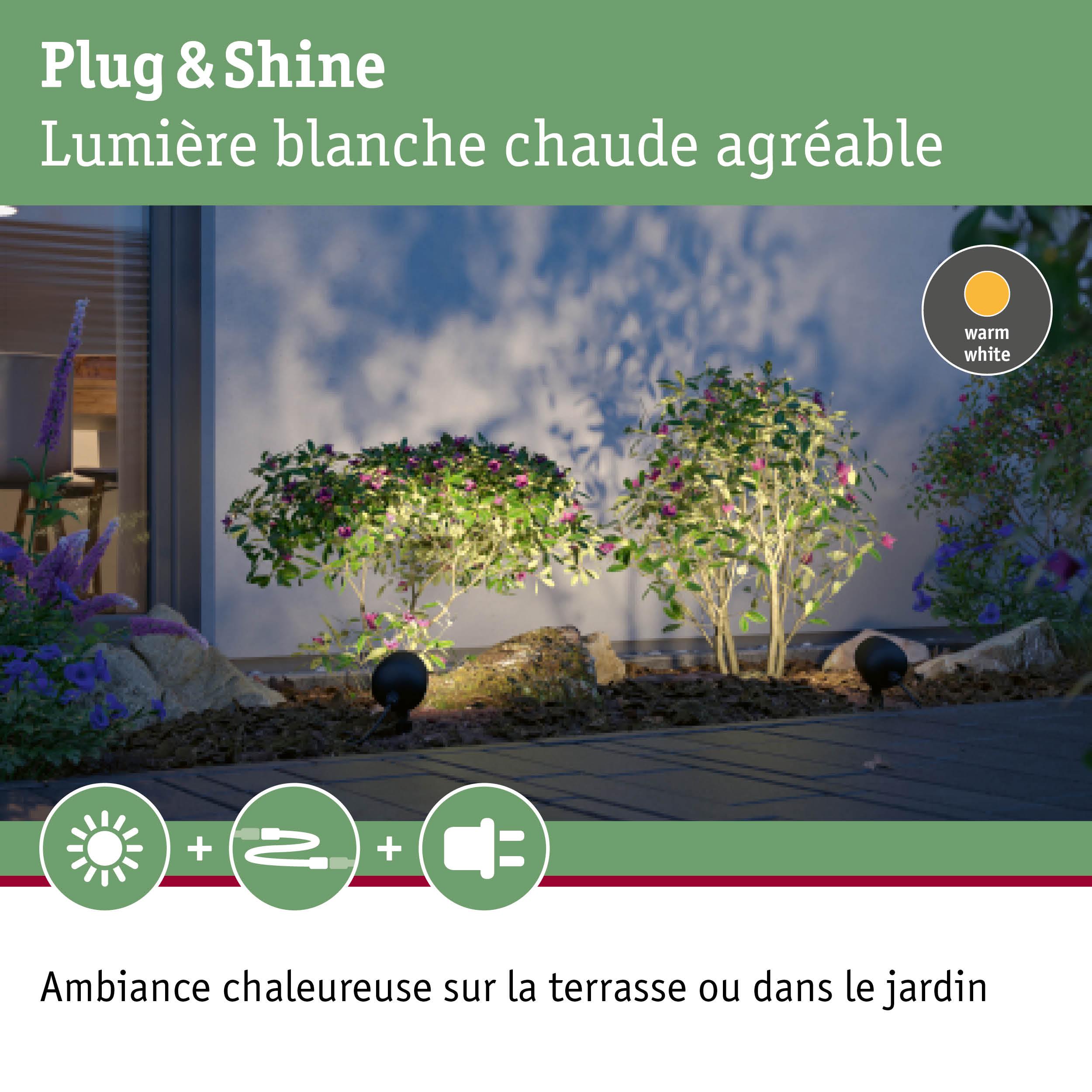 Éclairage extérieur blanc chaud Plug & Shine pour terrasse et jardin avec spots éclairant les plantes