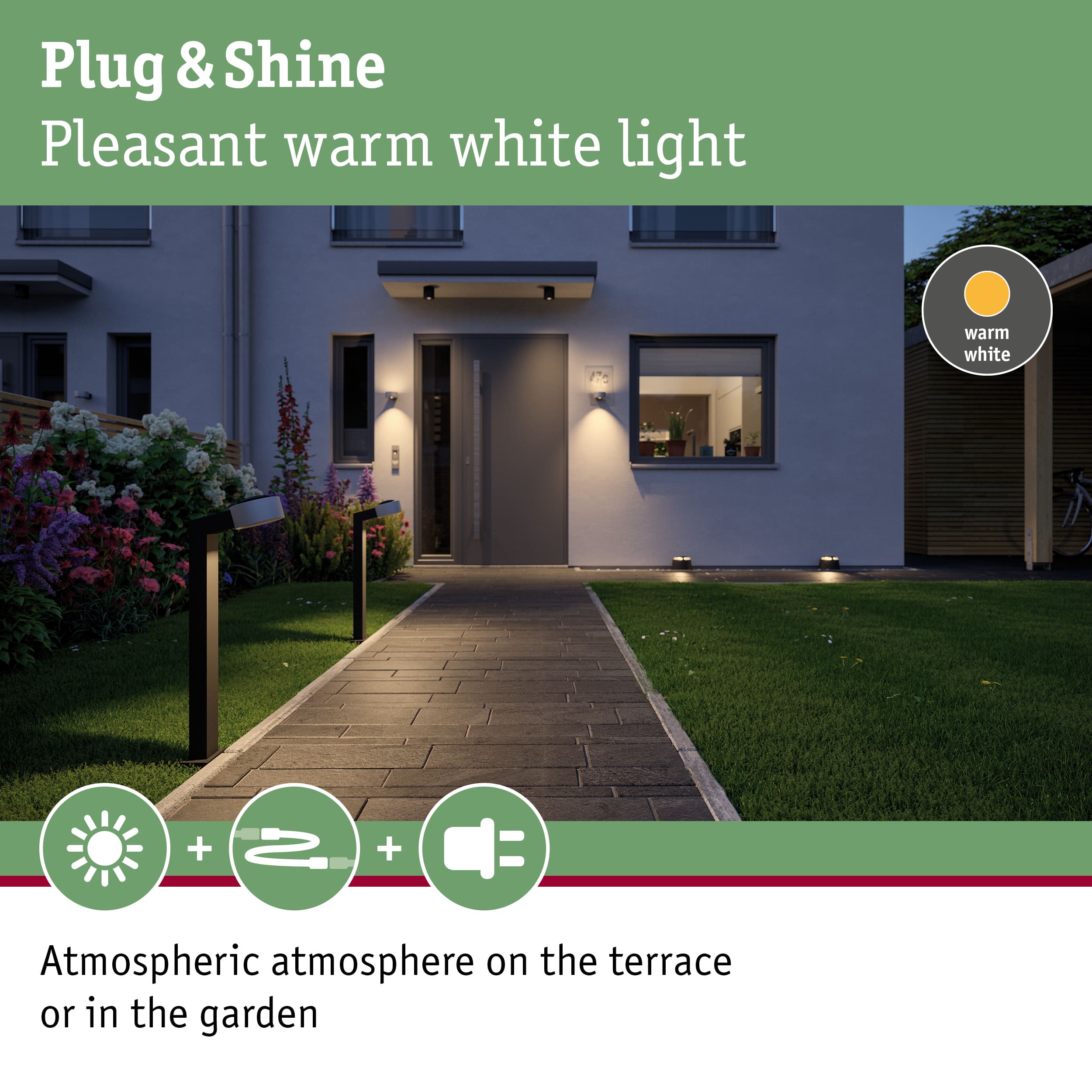 Modern outdoor lighting with warm white light for terrace and garden with sleek design
