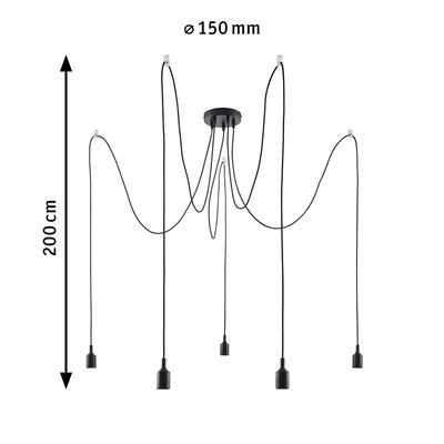 Schwarze Pendelleuchte mit fünf Kabeln und Fassung, 150 mm Durchmesser, 200 cm Länge, moderne LED Beleuchtung