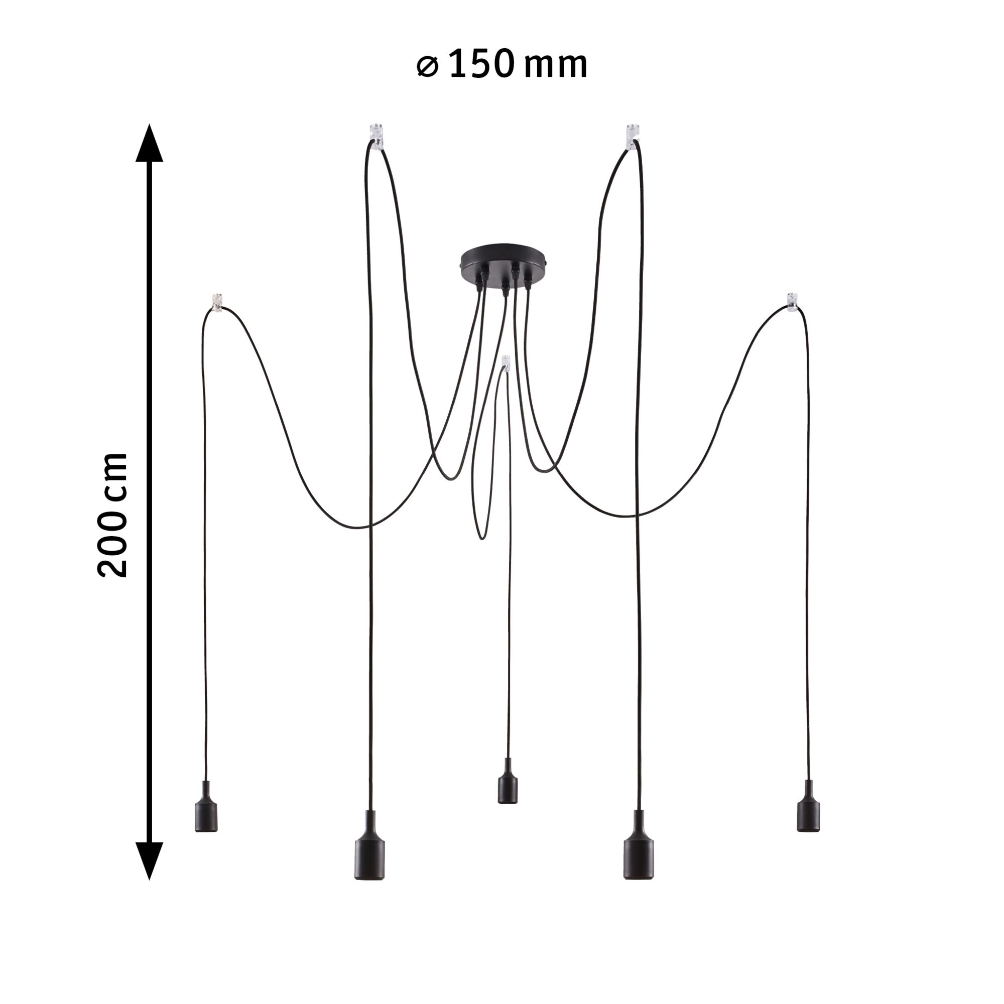 Black pendant light with five cables and sockets, 150 mm diameter, 200 cm length, modern LED lighting fixture