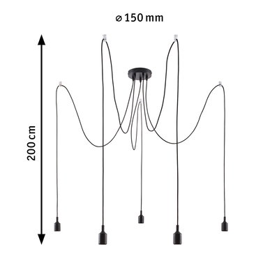 Black pendant light with five cables and sockets, 150 mm diameter, 200 cm length, modern LED lighting fixture