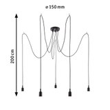 Suspension noire avec cinq câbles et douilles, diamètre 150 mm, longueur 200 cm, éclairage LED moderne