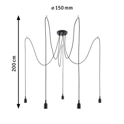 Suspension noire avec cinq câbles et douilles, diamètre 150 mm, longueur 200 cm, éclairage LED moderne