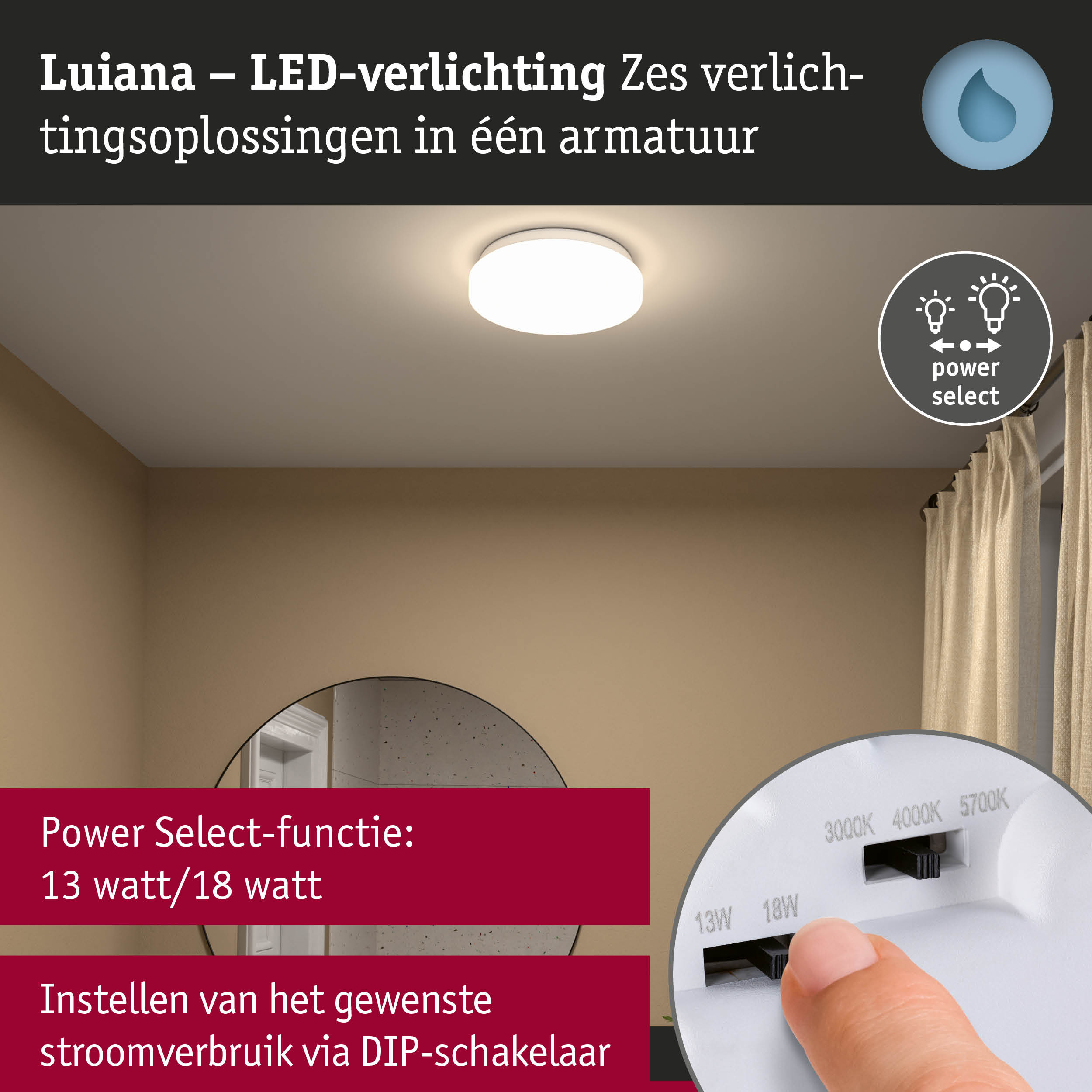 Witte Luiana LED-plafondlamp met Power Select-functie en instelbaar stroomverbruik via DIP-schakelaar