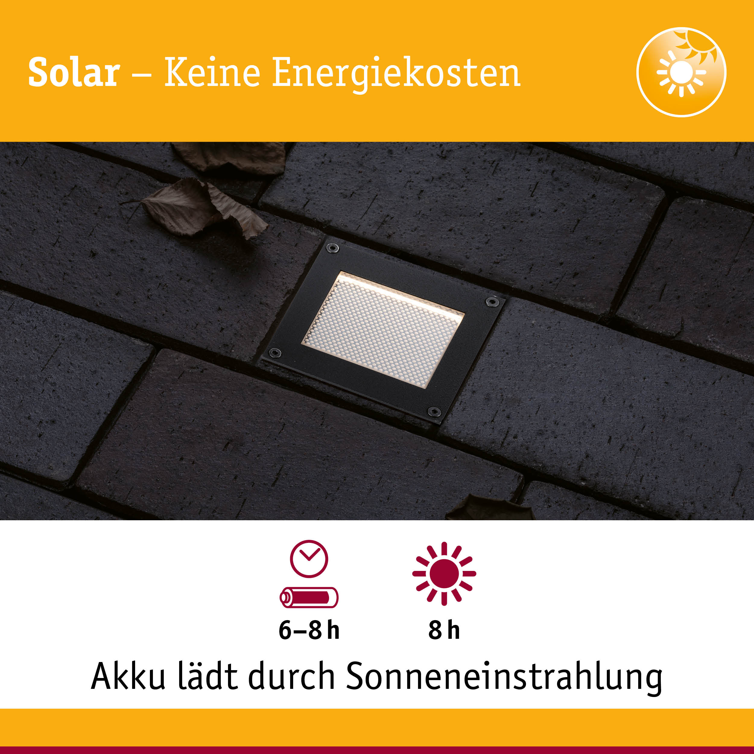 Solarbetriebene LED-Bodenleuchte in Schwarz auf dunklem Pflaster mit Ladezeit und Leuchtdauer