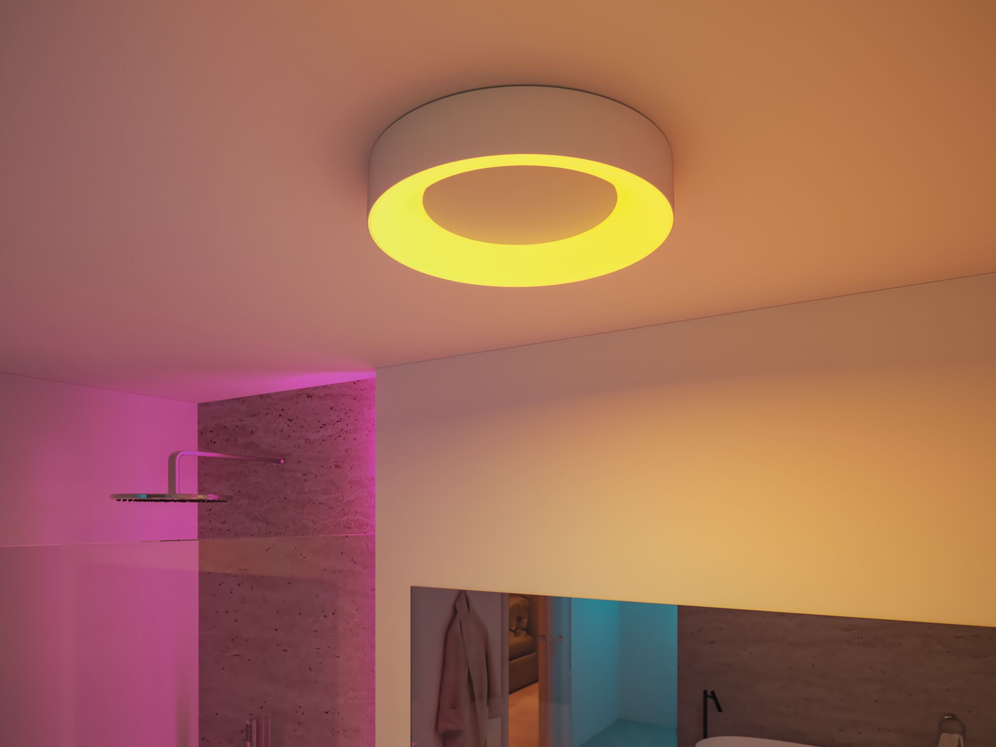 Runde Deckenleuchte aus weißem Material mit warmweißem LED-Ring für modernes Wohnambiente