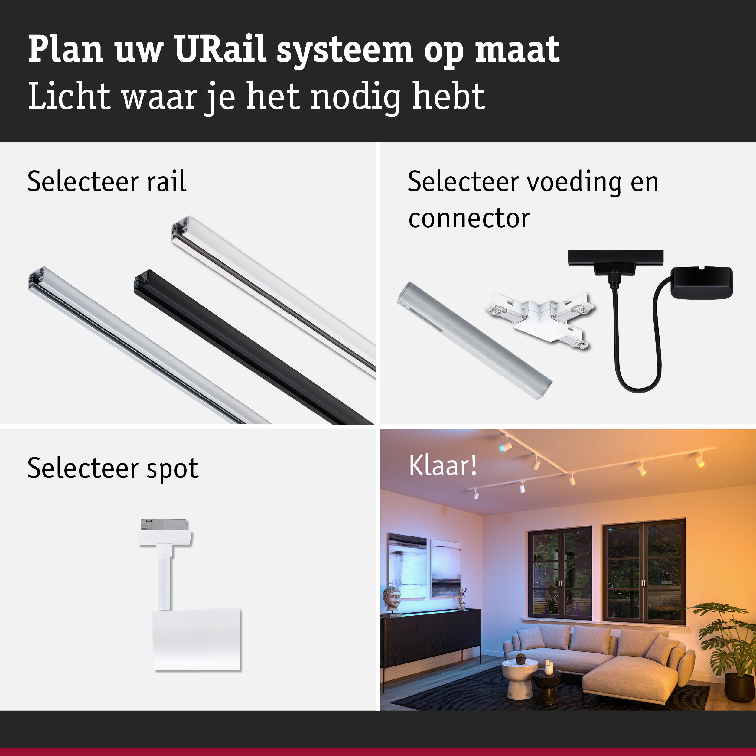 Modulair URail railsysteem in zwart en wit met connectoren en spots voor flexibele LED-verlichting