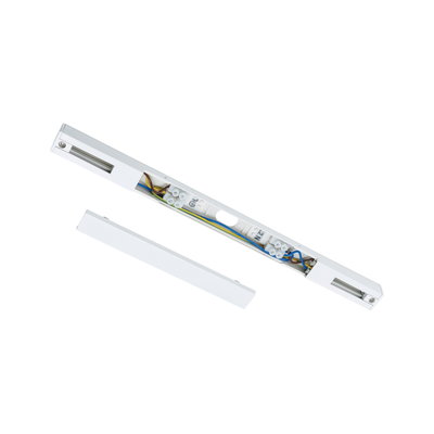 White aluminium connector profile with visible wiring for LED light strips, modern installation accessory