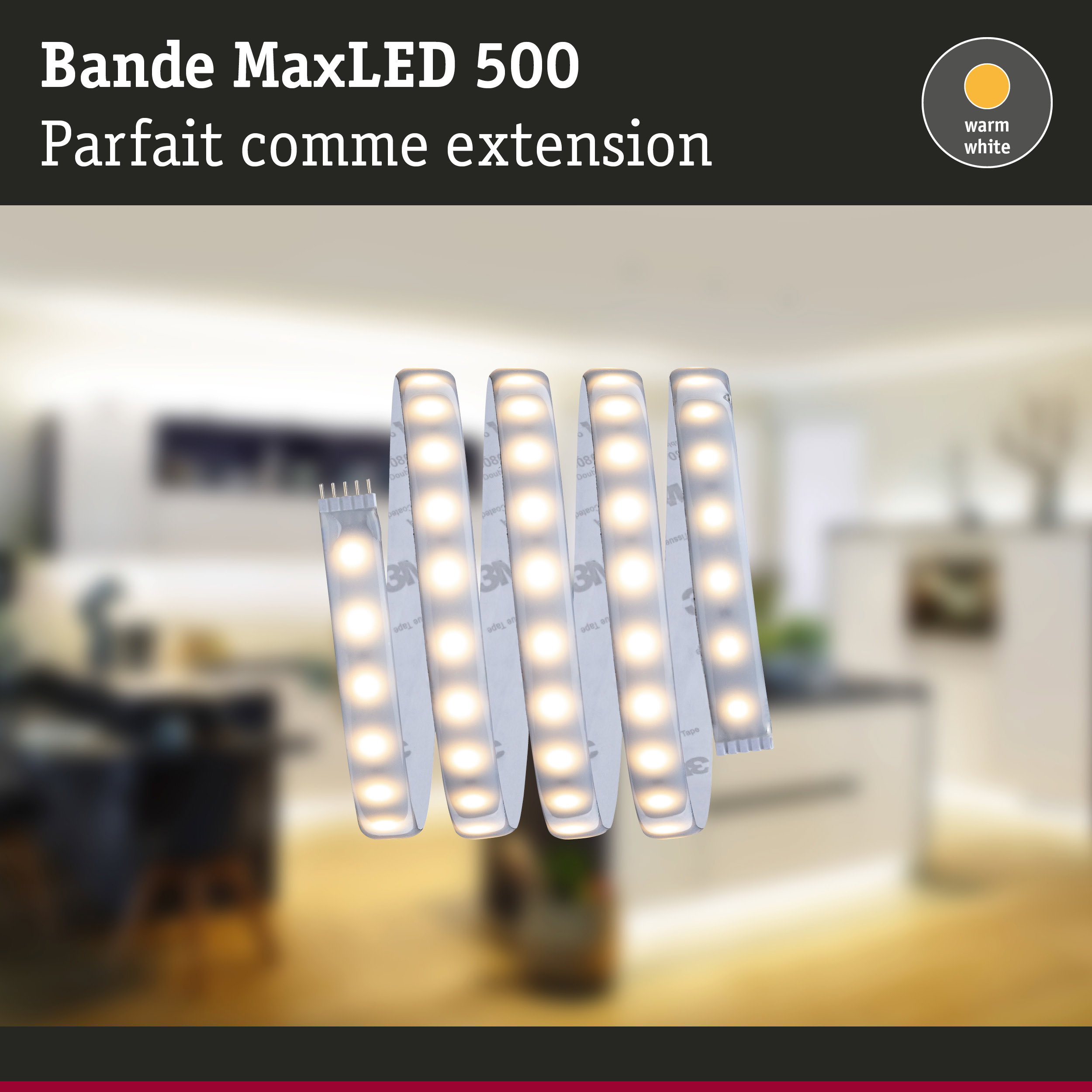 Bande LED MaxLED 500 blanc chaud avec dos adhésif flexible pour éclairage intérieur polyvalent