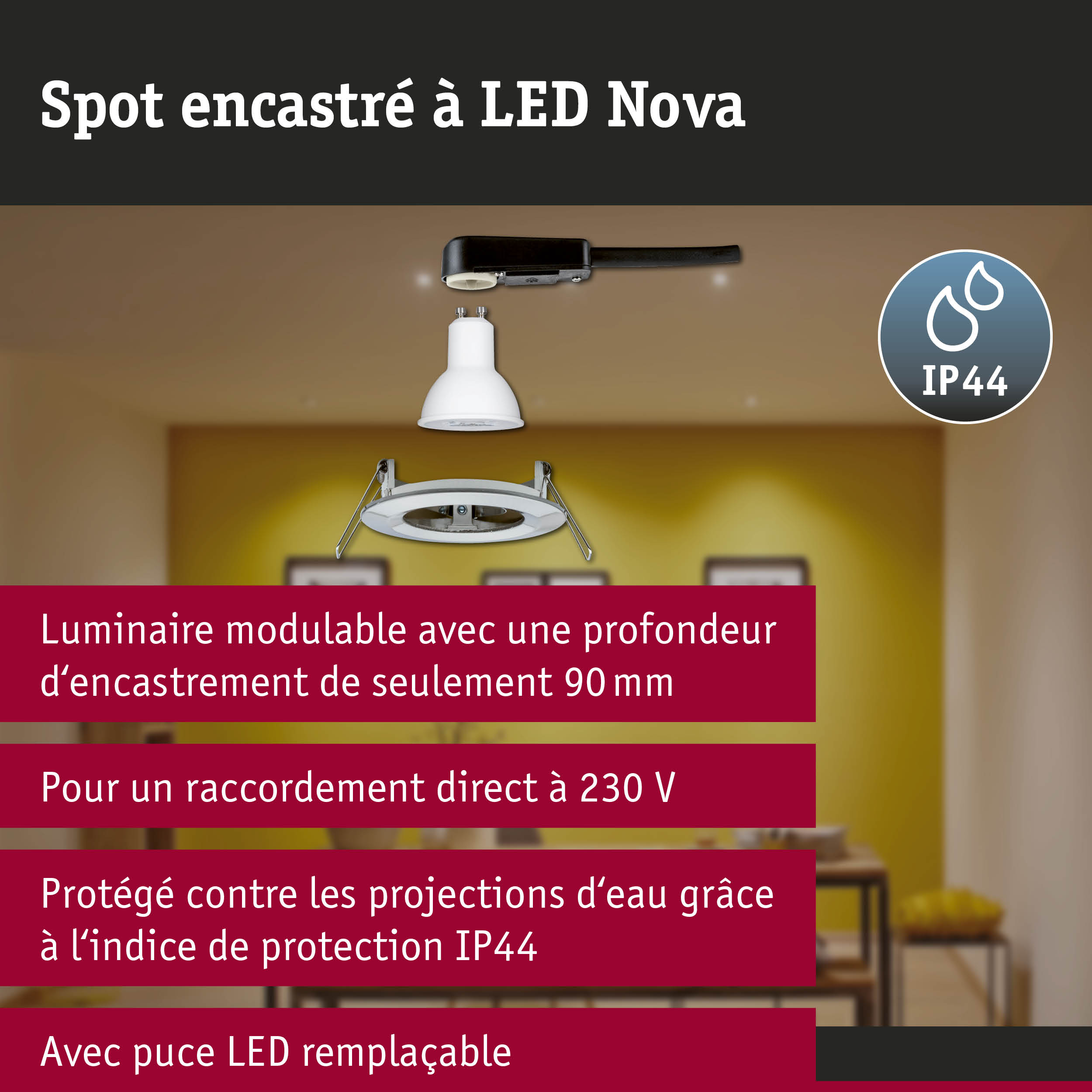 Spot encastré LED 3-Step-Dim Nova Kit de base fixe IP44 rond 78mm GU10 3x6,5W 3x460lm 230V gradable 2700K Acier brossé