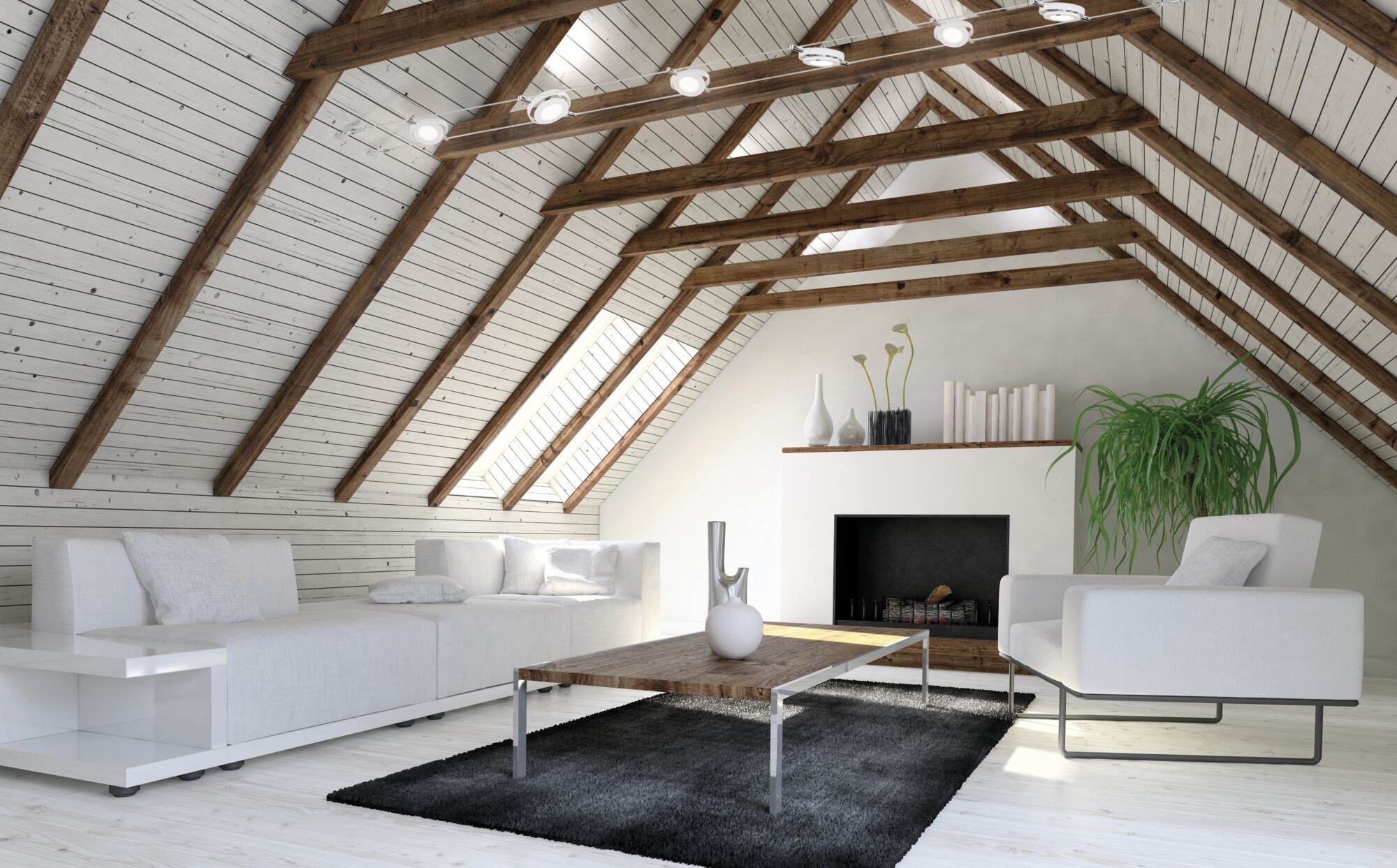 Modern living room with white sofa, wooden ceiling beams and LED ceiling spotlights for cozy lighting