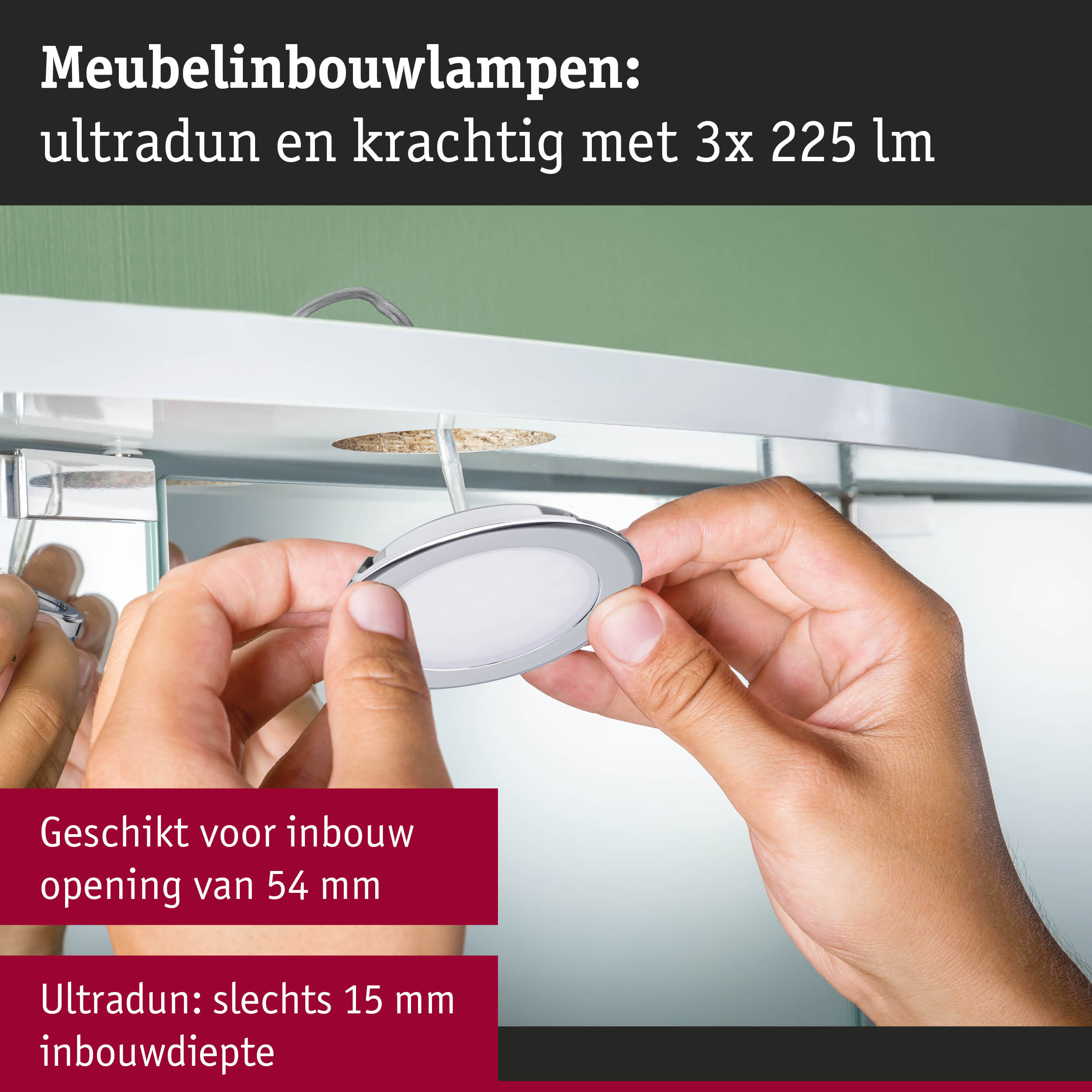Ultradunne witte meubel inbouwlamp met 3x 225 lumen, geschikt voor 54 mm openingen