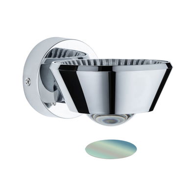 Modern wall spotlight in chrome metal with round base and conical reflector for LED lighting