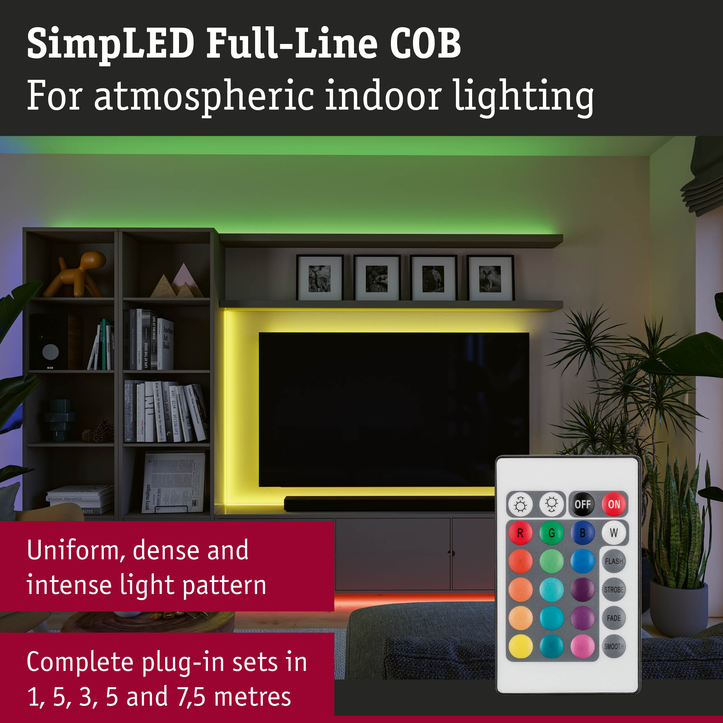 LED strip light with remote in living room showing yellow and green lighting for atmospheric indoor use