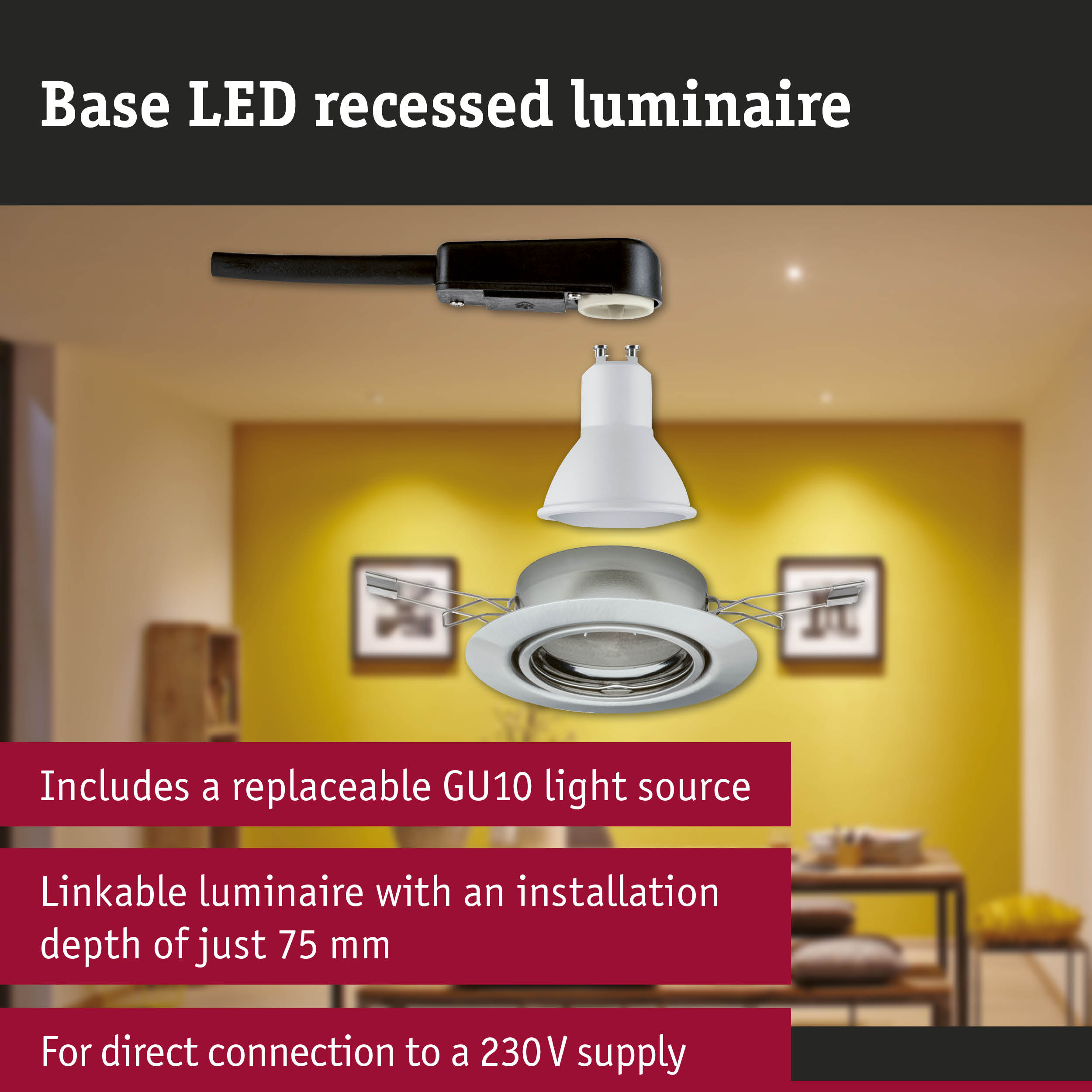 Base white LED recessed luminaire with GU10 socket and black cable for 230V power connection
