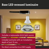 Base white LED recessed luminaire with GU10 socket and black cable for 230V power connection