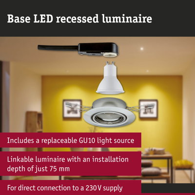 Base white LED recessed luminaire with GU10 socket and black cable for 230V power connection