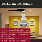 Base white LED recessed luminaire with GU10 socket and black cable for 230V power connection