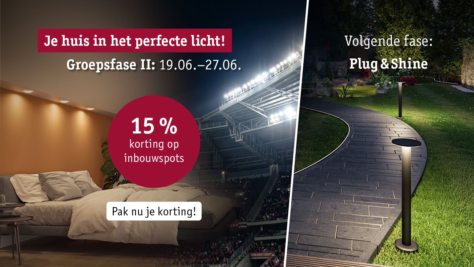 Advertentie voor 15% korting op inbouwspots met slaapkamerverlichting en LED-lampen in tuinpad