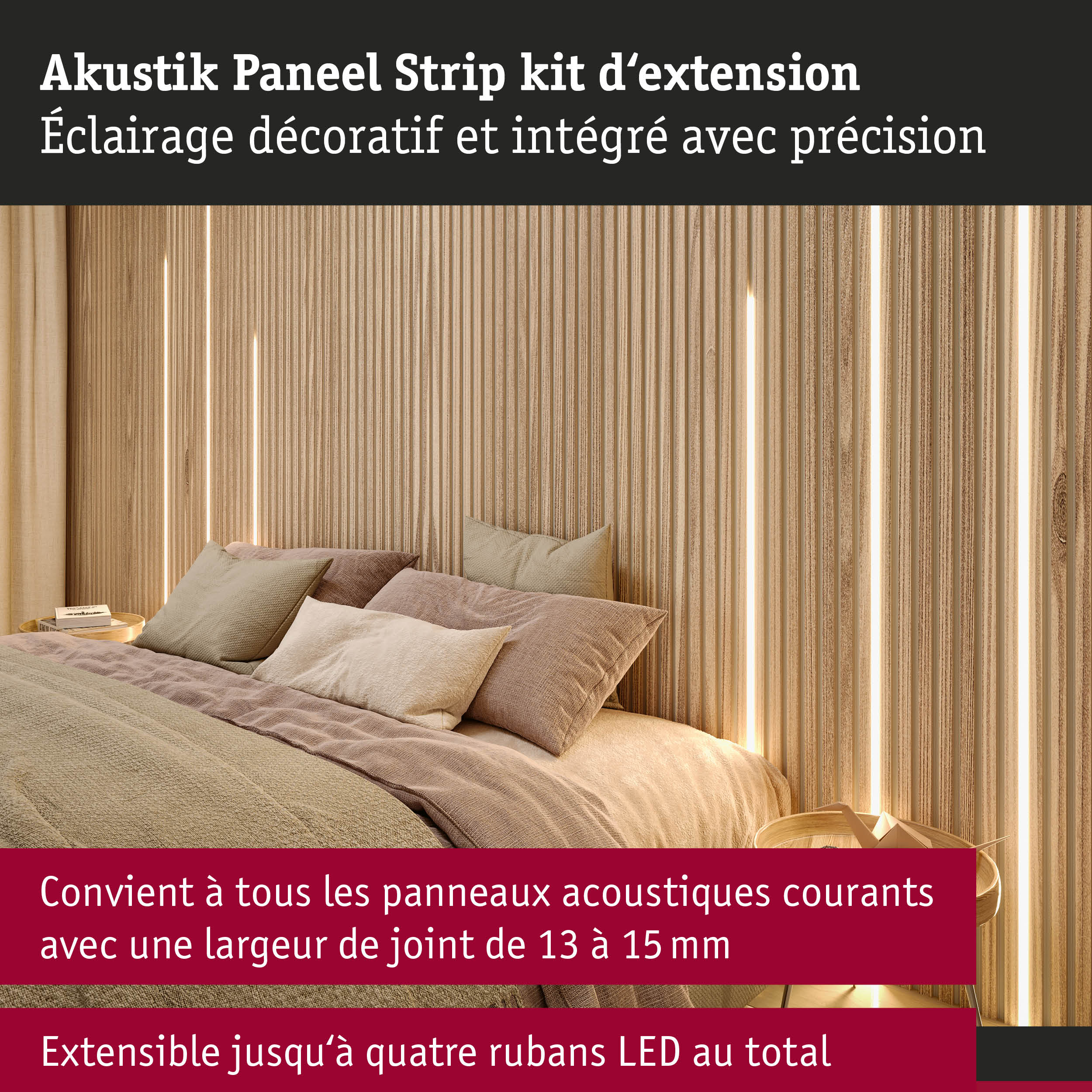 Kit d'extension pour panneau acoustique avec éclairage LED intégré finition bois pour décoration murale