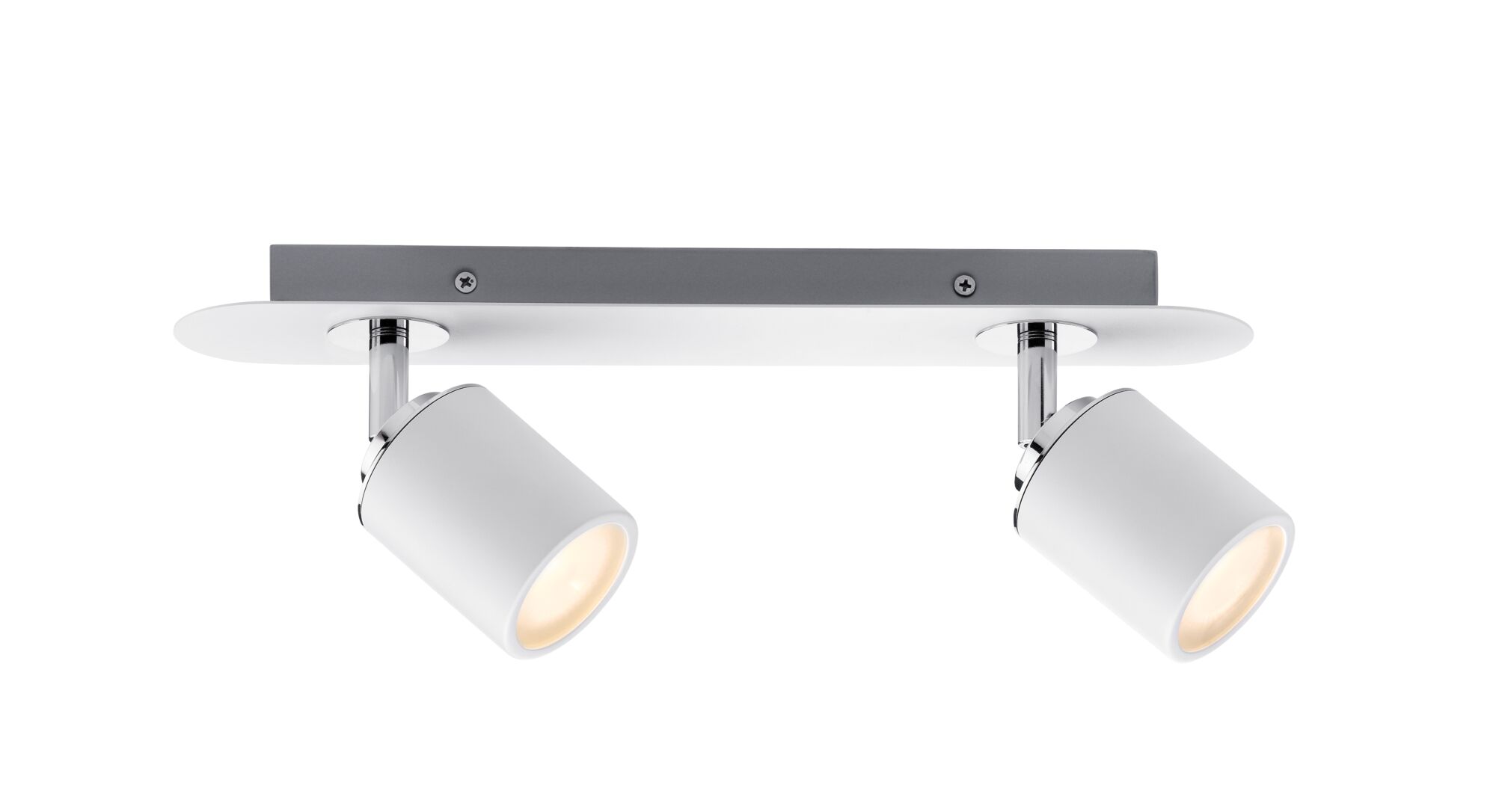 Moderne plafondspot met twee witte metalen lampen en chromen details voor woonruimtes