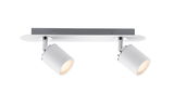 Moderne plafondspot met twee witte metalen lampen en chromen details voor woonruimtes