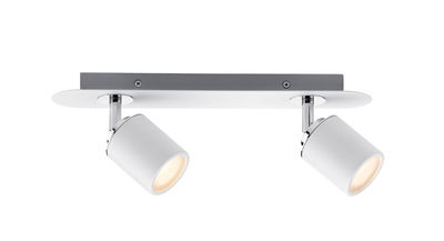 Moderne plafondspot met twee witte metalen lampen en chromen details voor woonruimtes
