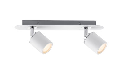 Moderner Deckenstrahler mit zwei weißen Metalllampen und verchromten Details für Wohnräume